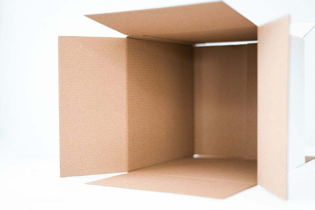 An open empty cardboard box on a light surface.