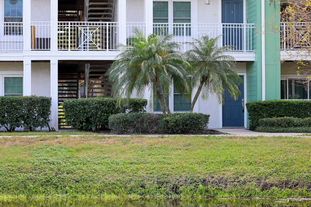 An apartment building with balconies, hedges, and a palm tree.