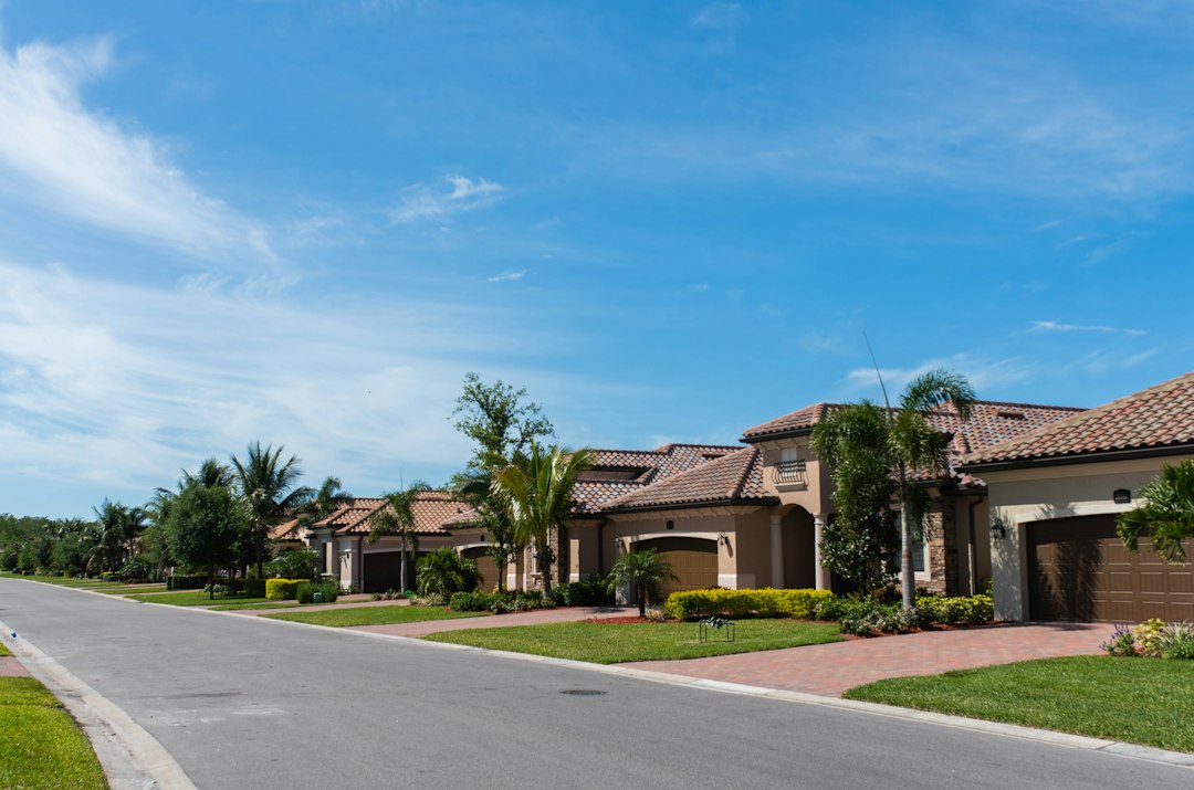 Palm trees and tiled-roof homes lining a quiet residential street.
