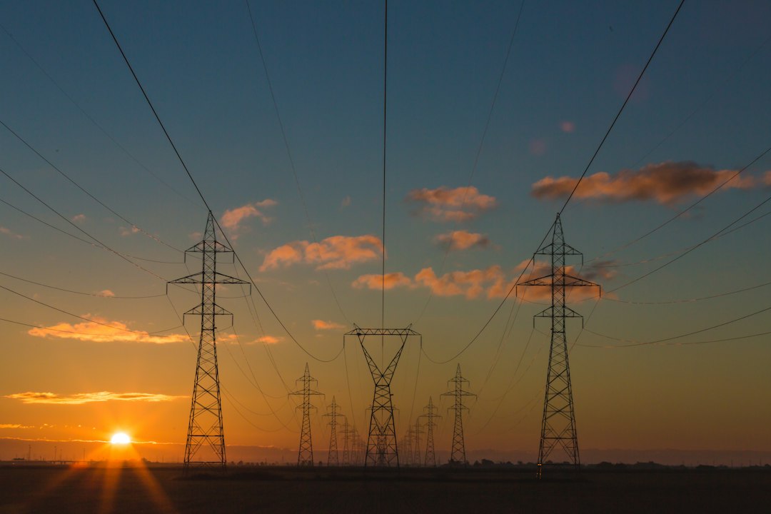Rows of electricity pylons and power lines silhouetted at sunset.