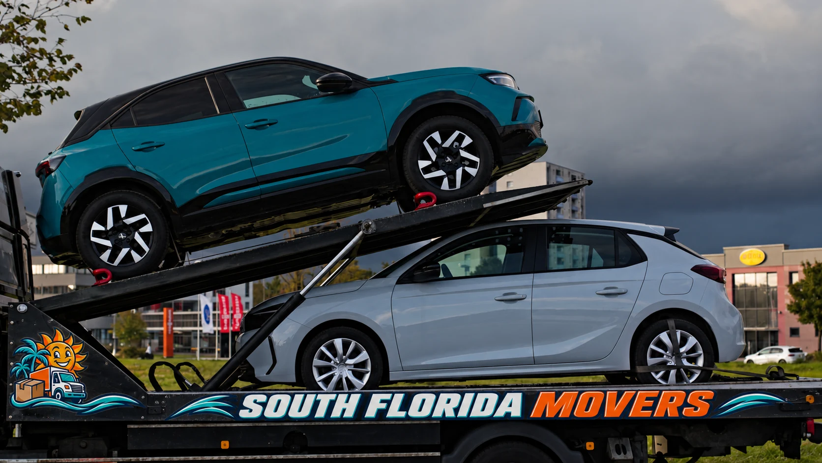 Two cars secured on a carrier with South Florida Movers branding on its side.