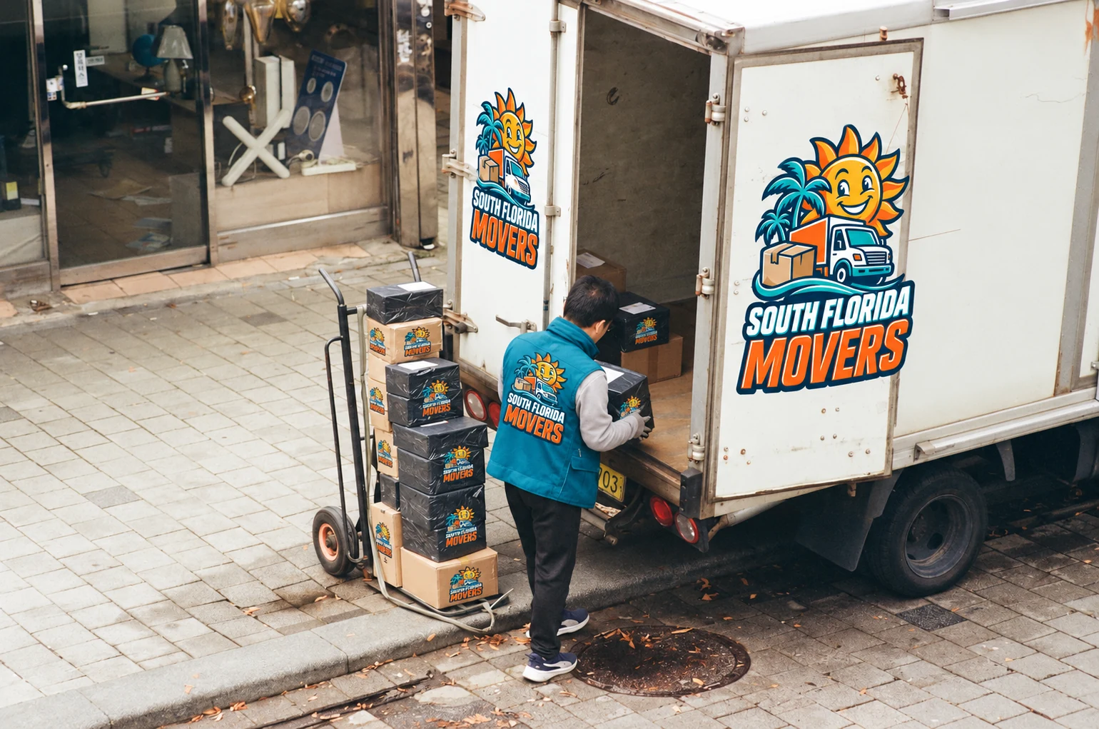 A worker in a South Florida Movers branded uniform loads cartons beside a truck with matching logos.