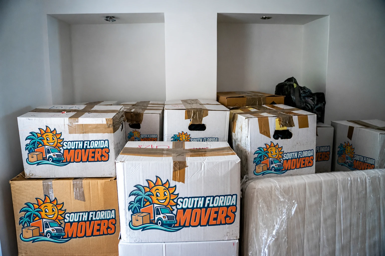 Taped moving cartons with South Florida Movers logos beside wrapped furniture in a room.