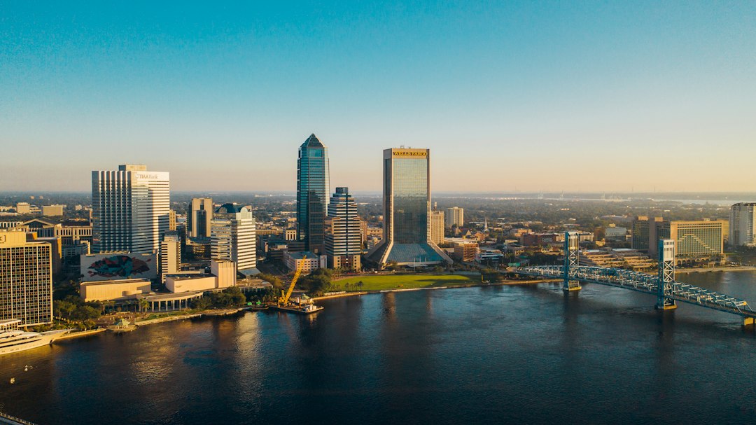 Aerial view of downtown Jacksonville and the St. Johns River in warm evening light