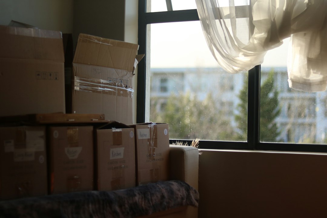 Cardboard boxes beside a window with a sheer curtain