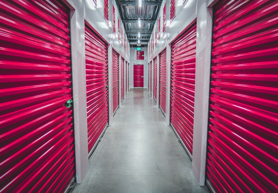 A corridor lined with closed pink roll-up storage doors.