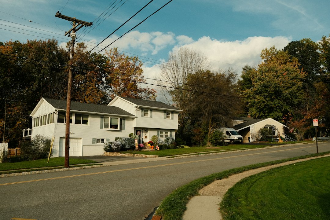 Detached houses and lawns along a quiet suburban road.