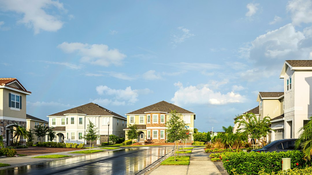 Quiet residential street with two-story houses, green lawns, and blue sky