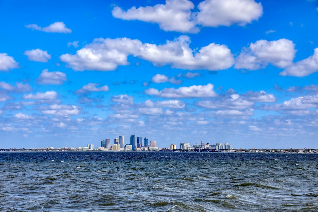 Downtown Tampa skyline viewed across Tampa Bay under a vivid blue sky